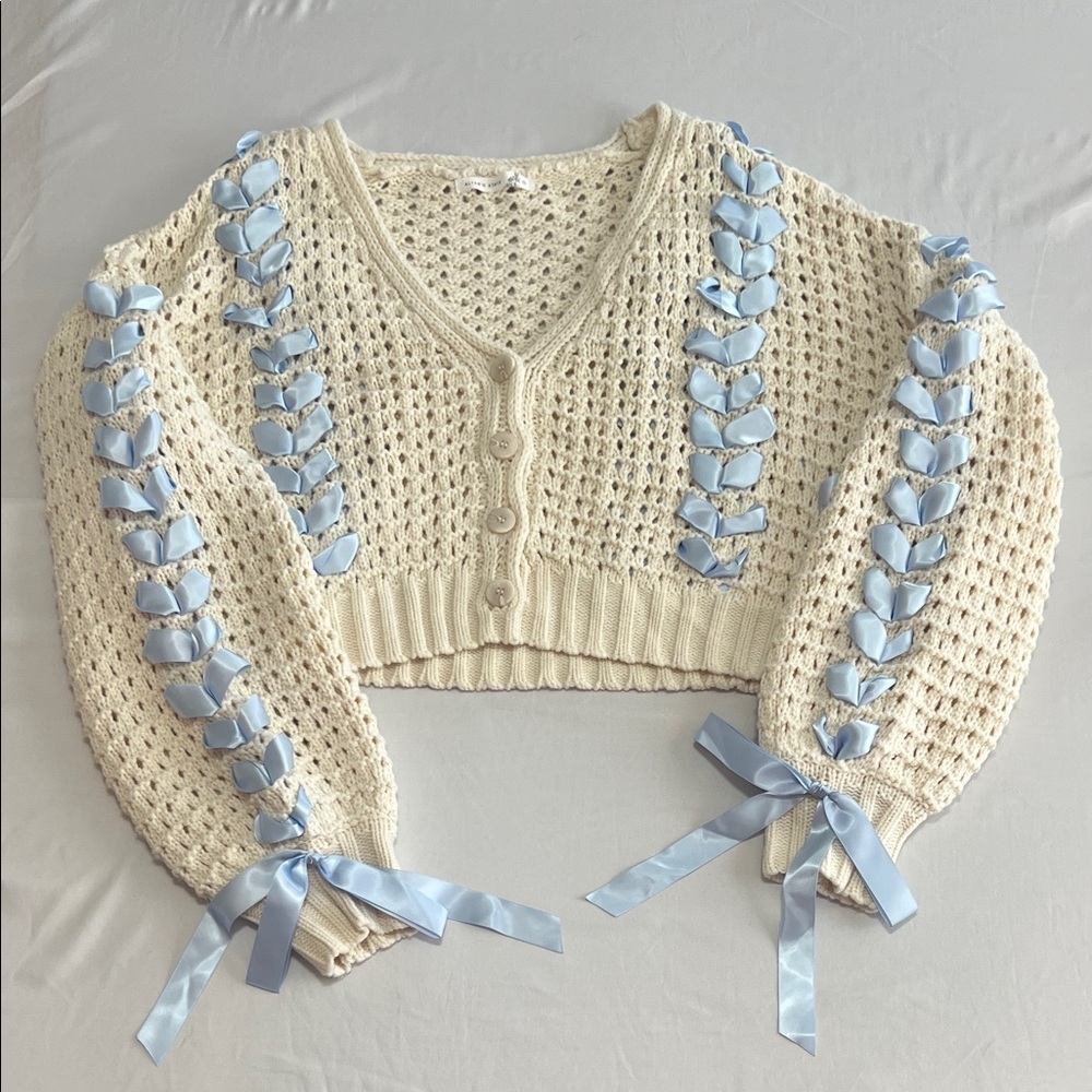 Altar'd State Cream Cardigan with Blue Ribbon Accents